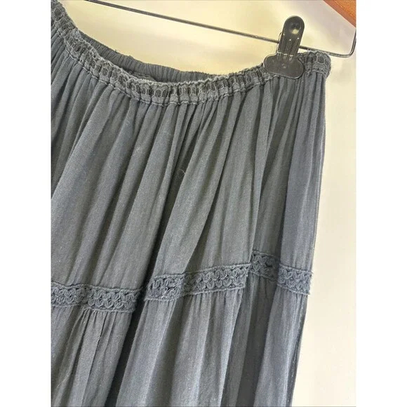Bhag’s Cotton Tiered Maxi Skirt Black Crochet Elastic Waist Lined Free Size - Picture 2 of 13
